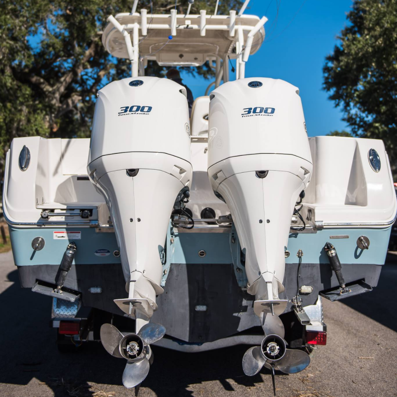 Blue and white hull with dual outboard motors painted in white with decal